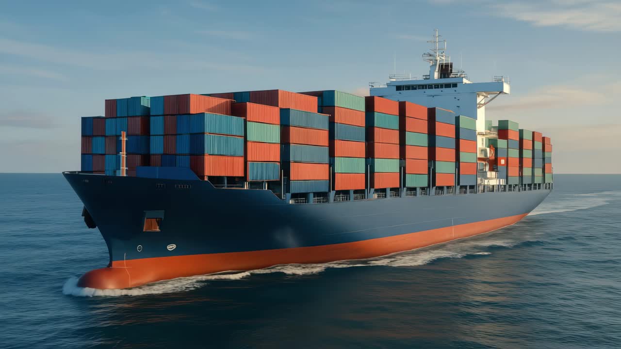 Aerial view of a large cargo ship laden with colorful containers, sailing through calm waters