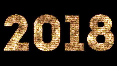 vintage yellow gold sparkly glitter lights and glowing effect simulating leds happy new year 2018 word text on black background with alpha channel, concept of golden holiday event, seamless