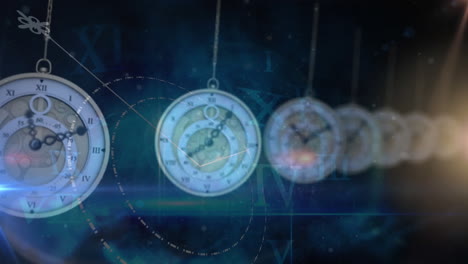 puntos de luces y números romanos contra múltiples relojes colgantes en fondo azul