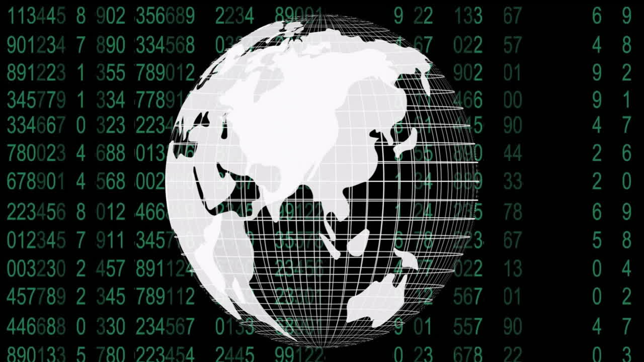 Rotating globe with grid lines animation over binary code background