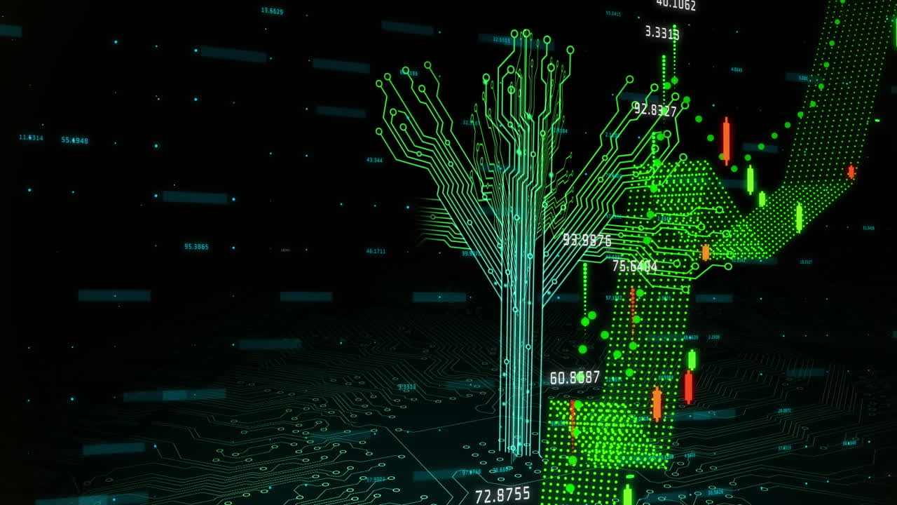 Animation of financial data processing over dark background