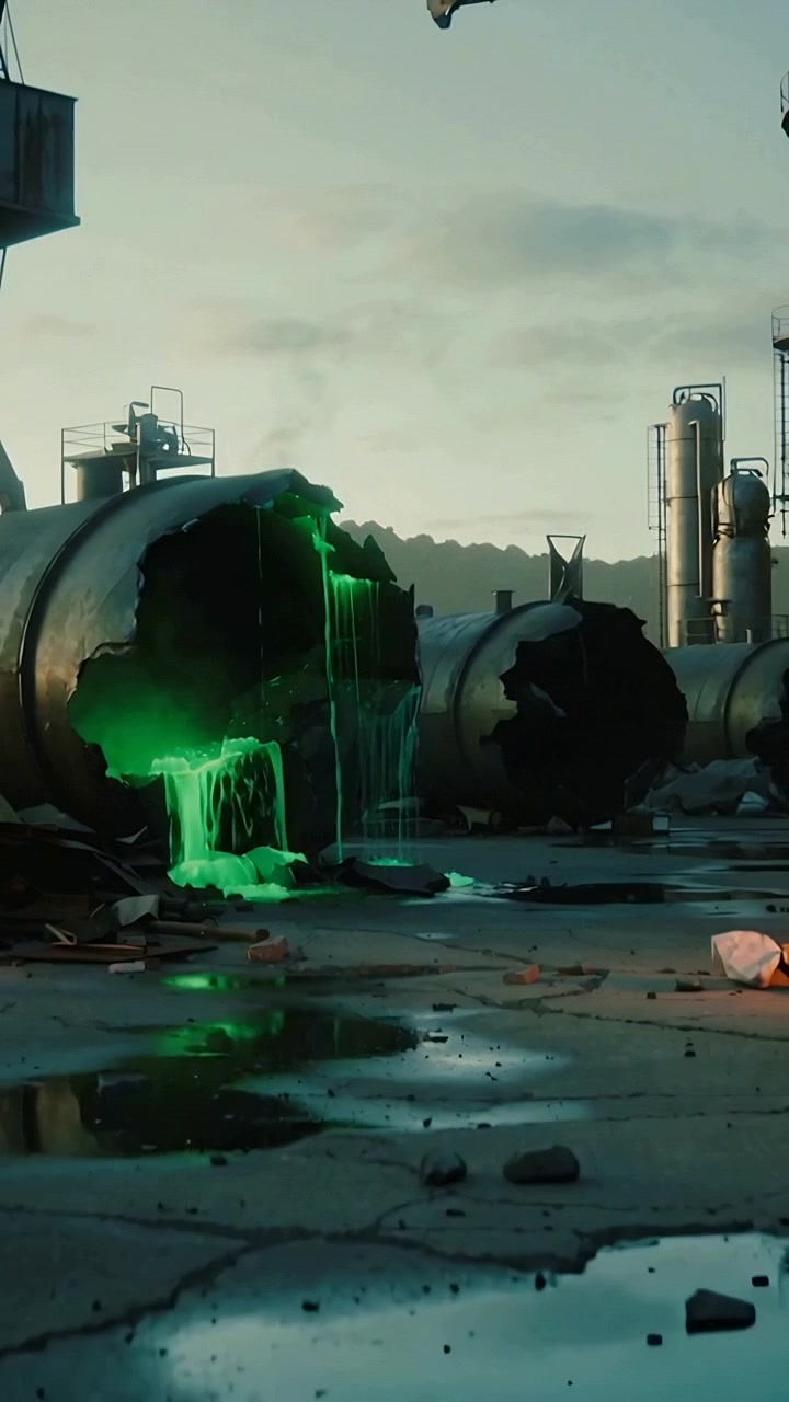 Vertical video: Leaking ruptured tank spilling neon green fluid in industrial yard, flame igniting
