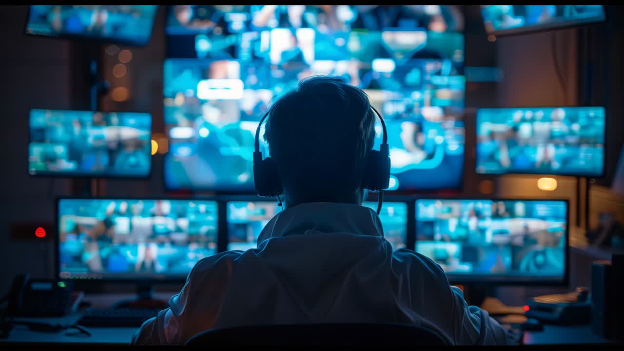 A man is sitting in front of a computer monitor with a headset on, security concept
