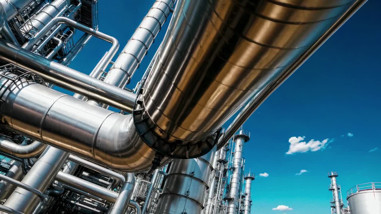 Scatto dinamico dal basso verso l'alto di tubi industriali su sfondo di cielo blu, che mostra un concetto futuristico
