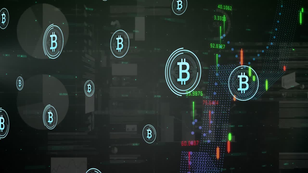 animación de símbolos de bitcoin sobre el procesamiento de datos financieros y estadísticos contra un fondo gris.