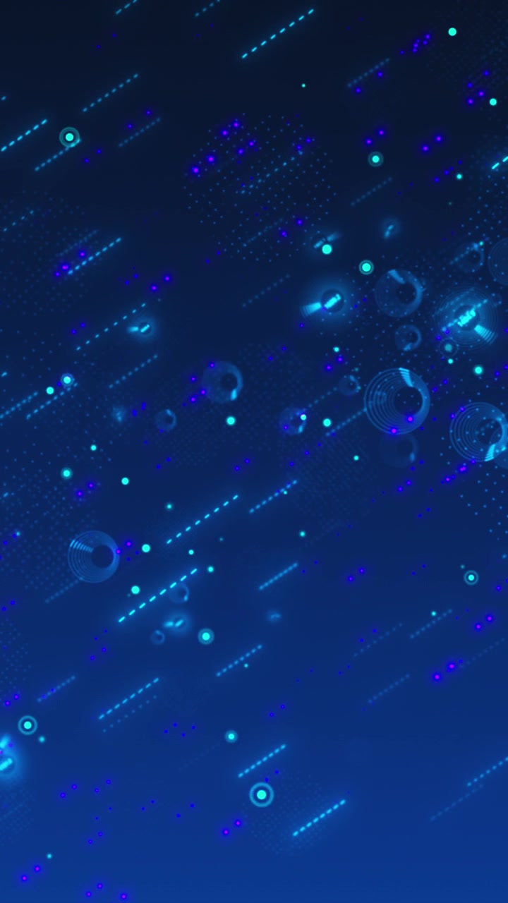 Abstract blue data particle background with diagonal glowing lines circular hud elements purple dots