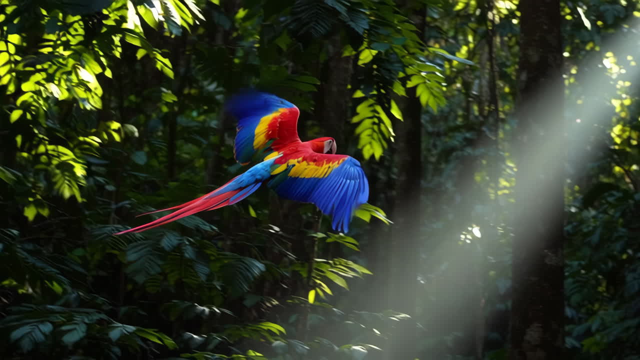 Colorful Macaw in Flight Through Sunlit Jungle