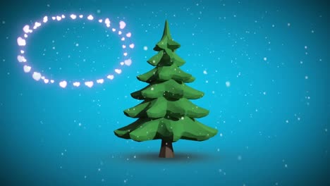 decorative shining lights against snowflakes falling over christmas tree icon on blue background