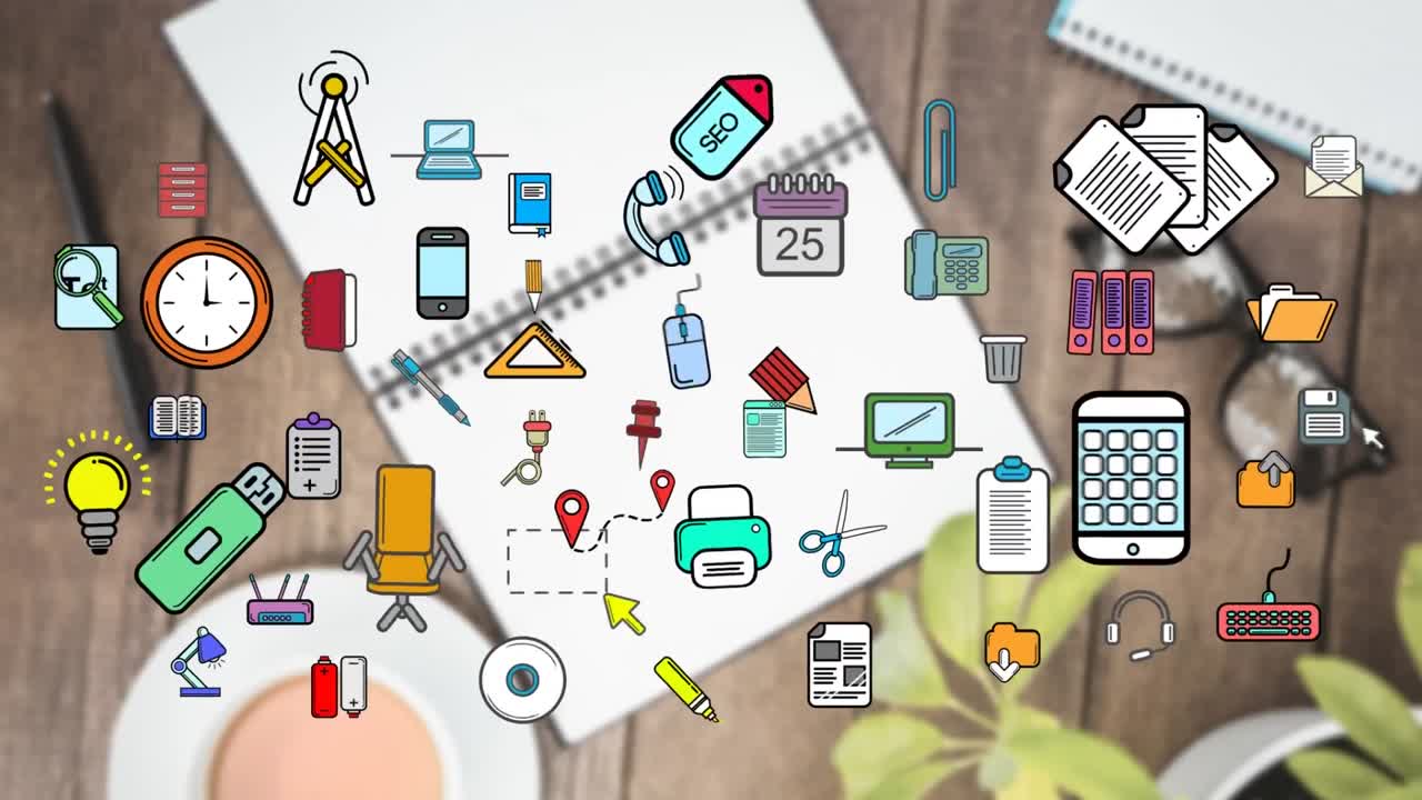 iconos coloridos y una mesa