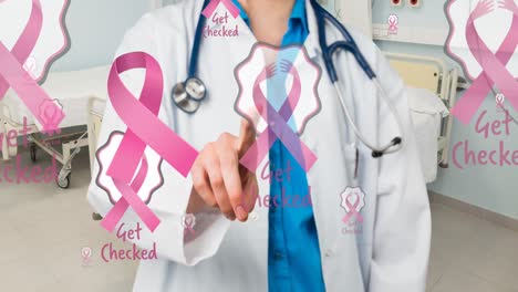 Animation-of-a-breast-cancer-awareness-ribbons-over-caucasian-female-doctor