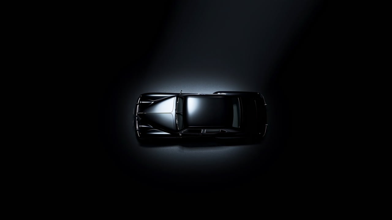 Overhead Car Reveal In Dark Studio Dramatic Cinematic Hero Shot Of Black Luxury Sedan Under Focused Spotlight,