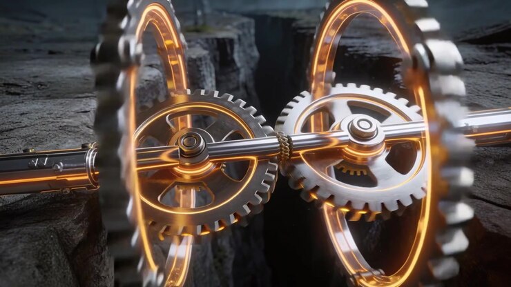Rotating metallic gear assembly bridging rocky chasm, spur gears engaging and driving central shaft