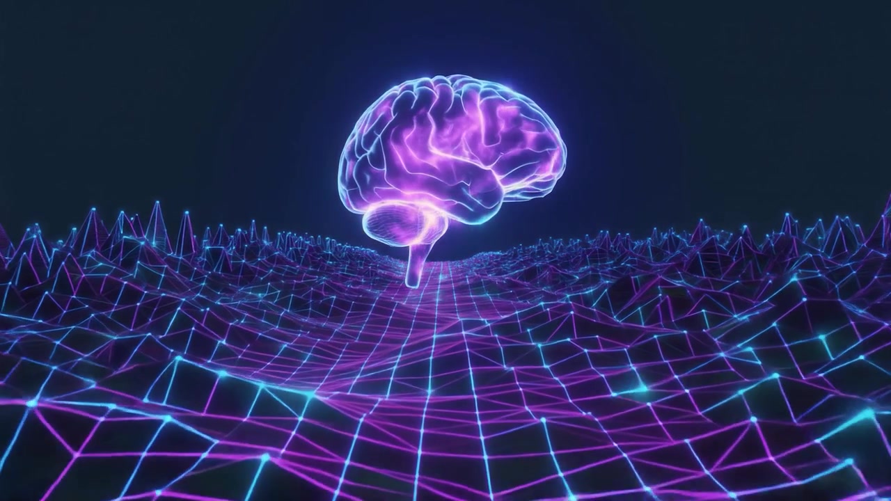 Neon Glowing Brain Over Abstract Digital Data Grid