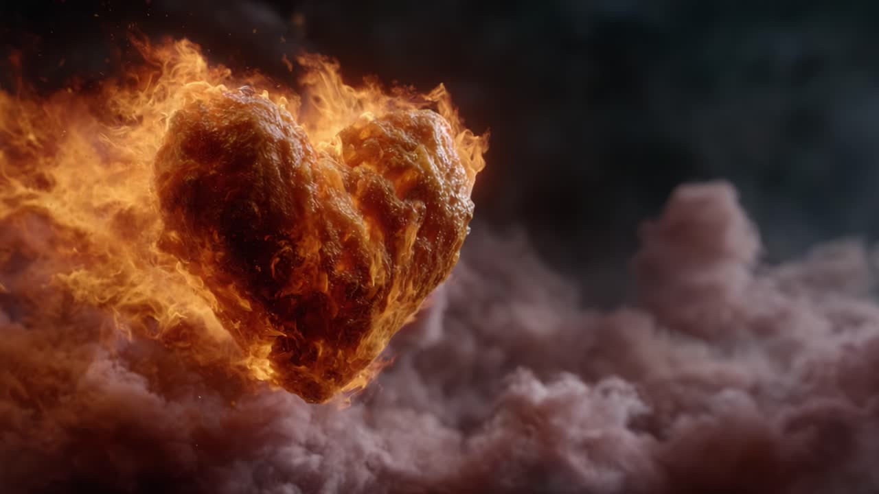 A Fiery Heart Emerges from the Darkness, Surrounded by Swirling Flames and Billowing Smoke, Symbolizing Passion and Transformation in a Stunning Display of Power