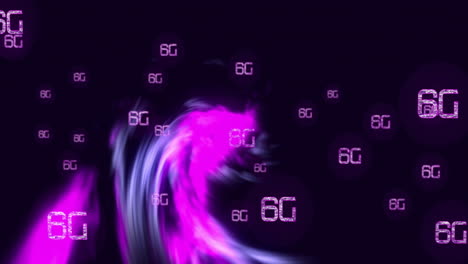 animation of 6g text and digital data processing over purple light trails on black background