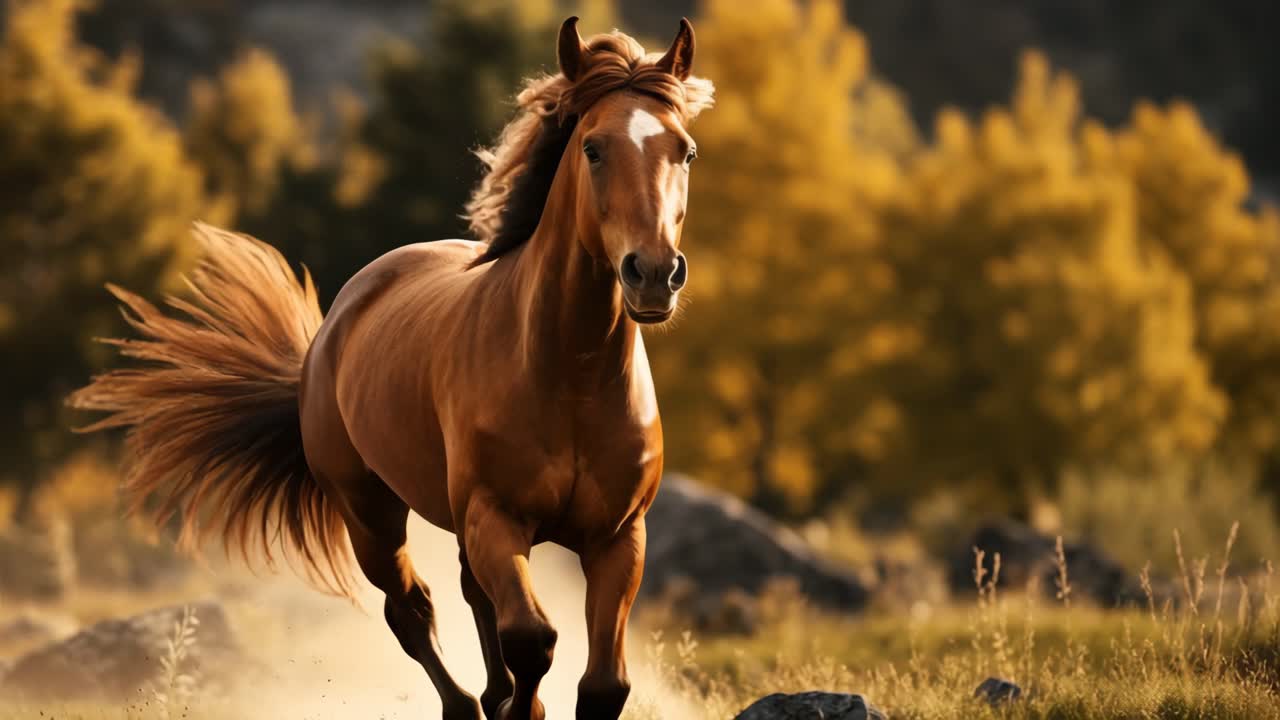 Dynamic video still of a galloping horse, captured at eye level