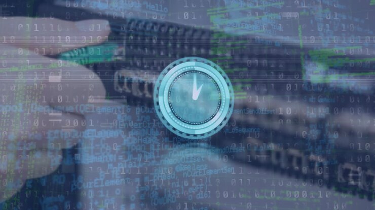 Animation of moving clock and data processing over hand of caucasian man in server room
