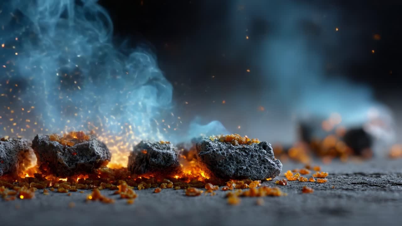 A mesmerizing display of glowing stones surrounded by swirling smoke and sparkling embers, creating an ethereal atmosphere of fire and mystery in this captivating close-up shot