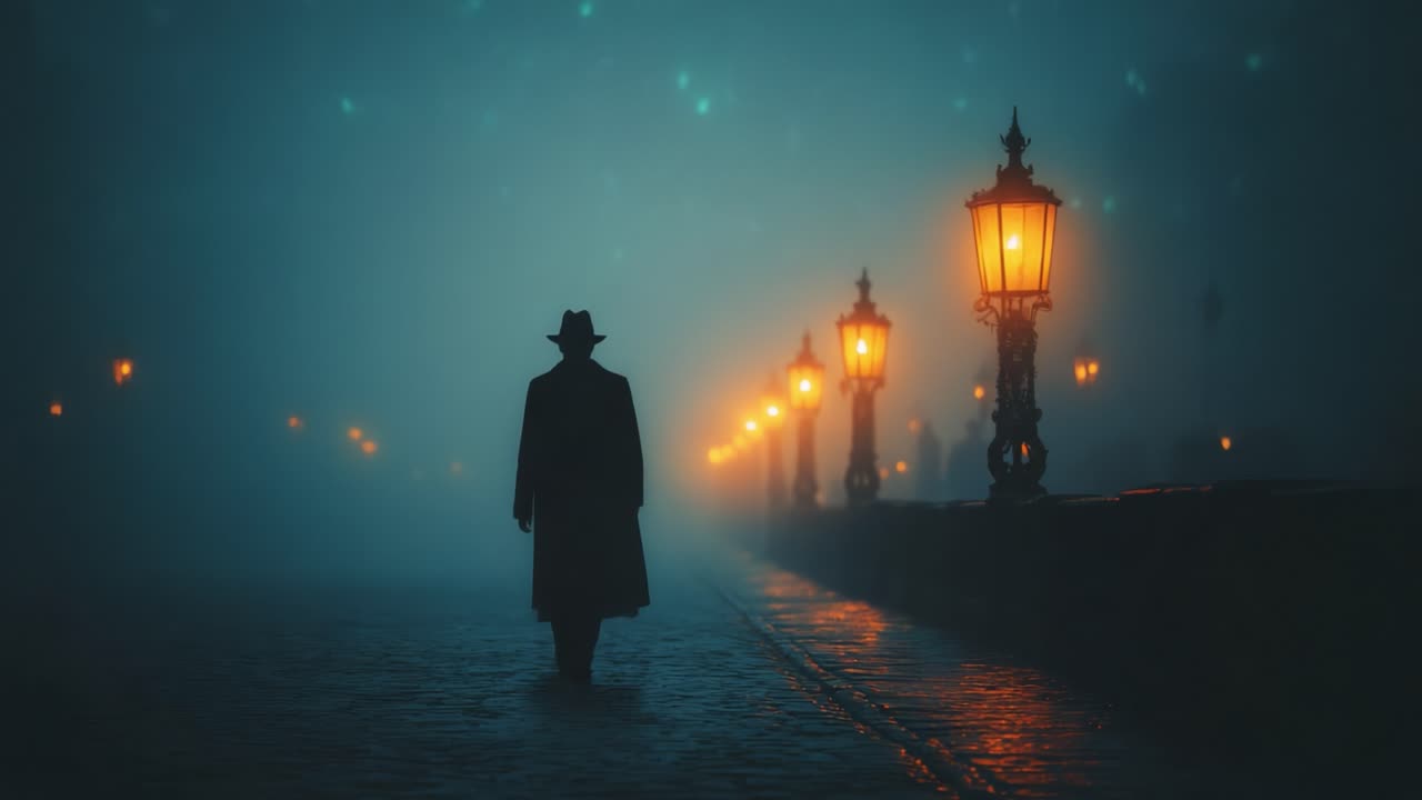 A Solitary Figure Strolling Through a Misty Street, Illuminated by Lanterns on a Foggy Evening, Evoking a Sense of Mystery and Nostalgia in the Twilight