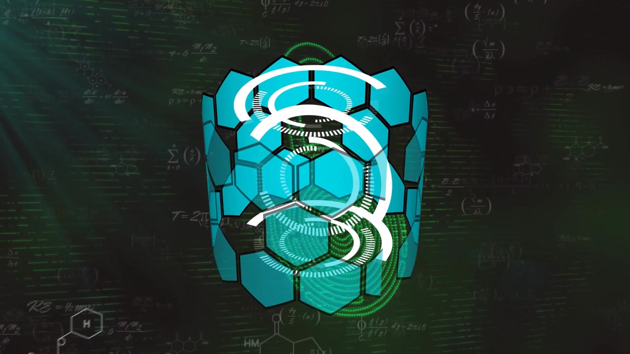 Opening grid, turquoise hexagon cylinder spinning rings and pulsing sphere visualizing data