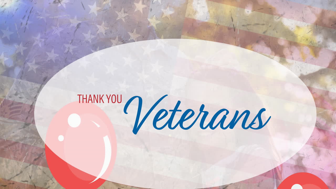 gracias veteranos texto pancarta y globos flotando sobre mujer soldado caucásico con hija