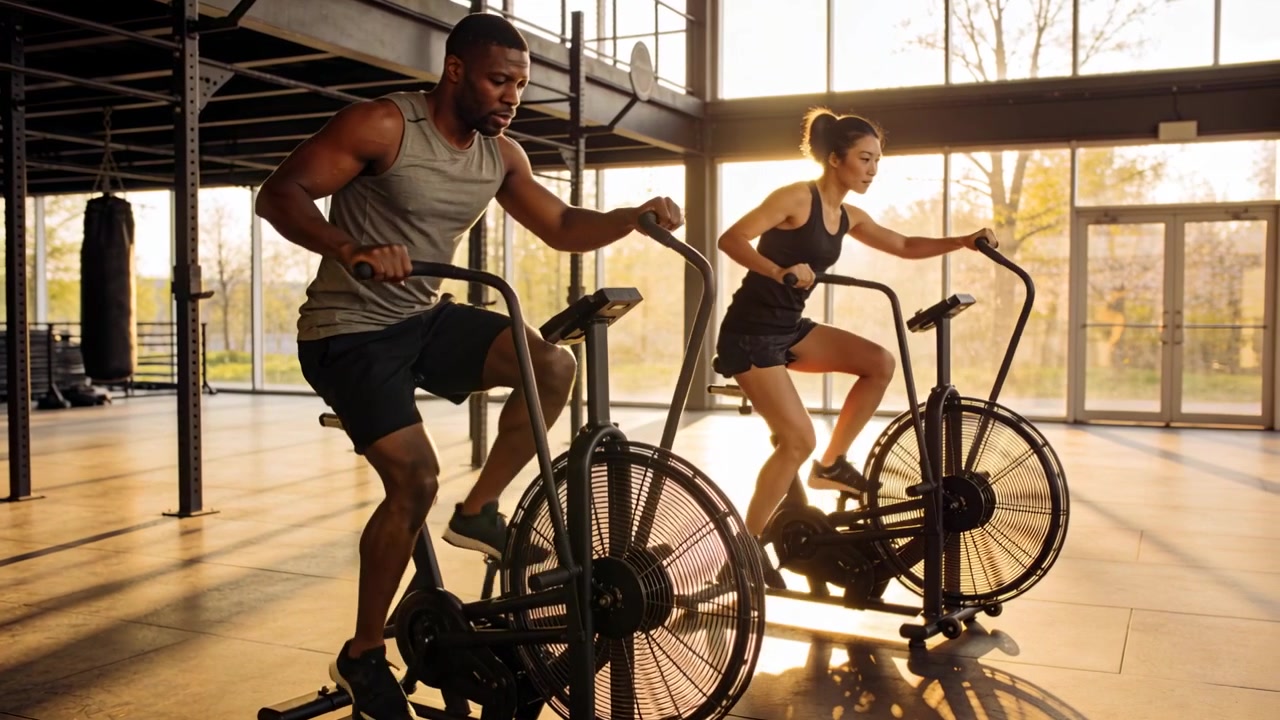 Il timer suona, un uomo con maglietta grigia senza maniche e una donna con canotta nera pedalano cyclette a resistenza ad aria in palestra, aumentando il ritmo.