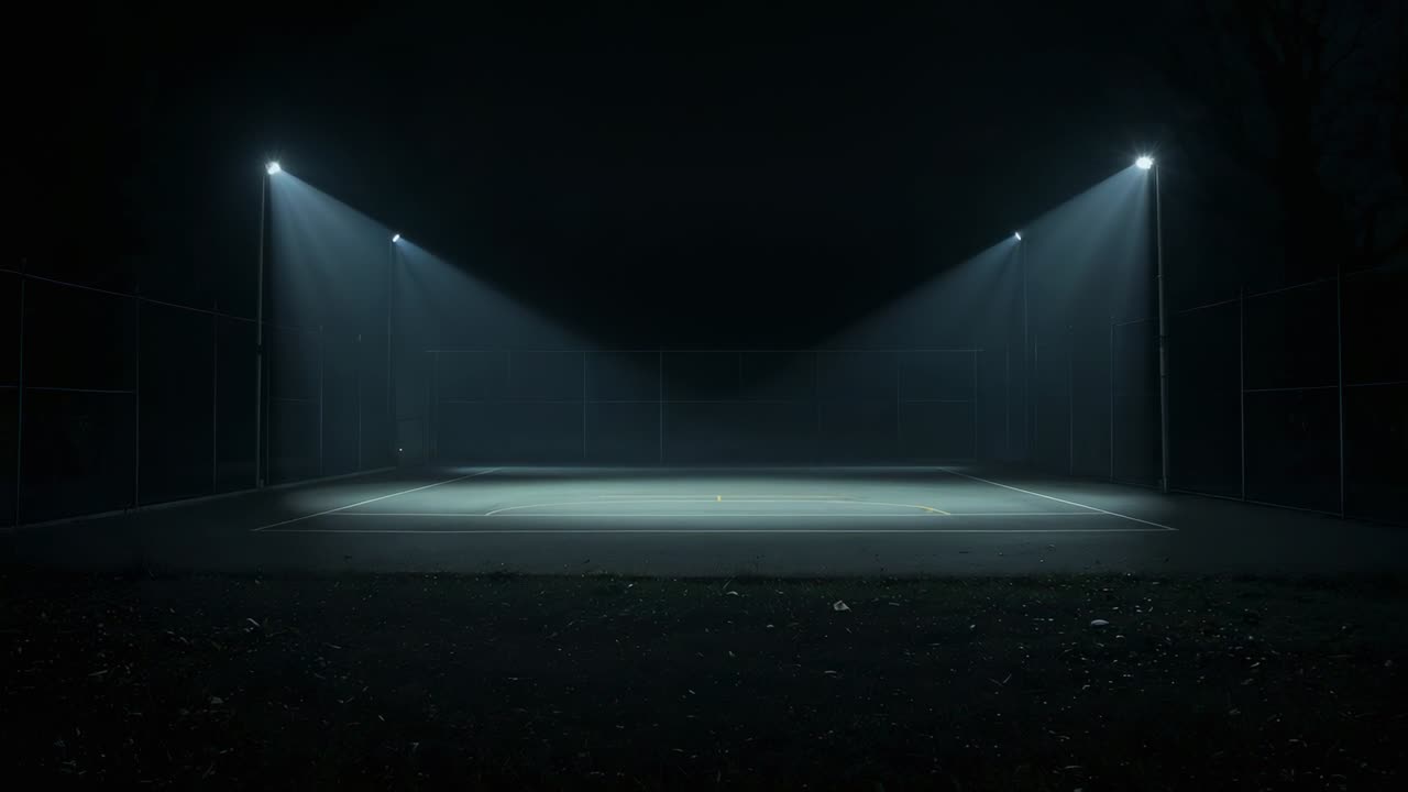 Tennisbane om natten, lys tændes og danner V-formede stråler, der oplyser banelinjerne.