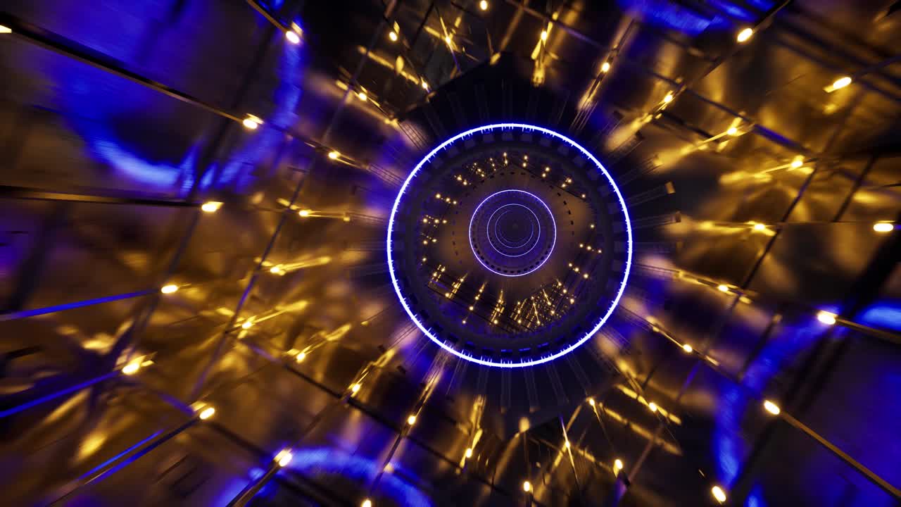 Tunnel neon futuristico in stile 3D su sfondo scuro. Sfondo futuristico. Design d'interni astratto di un corridoio scuro e futuristico. Sfondo blu astratto. Sfondo spaziale. 4K.