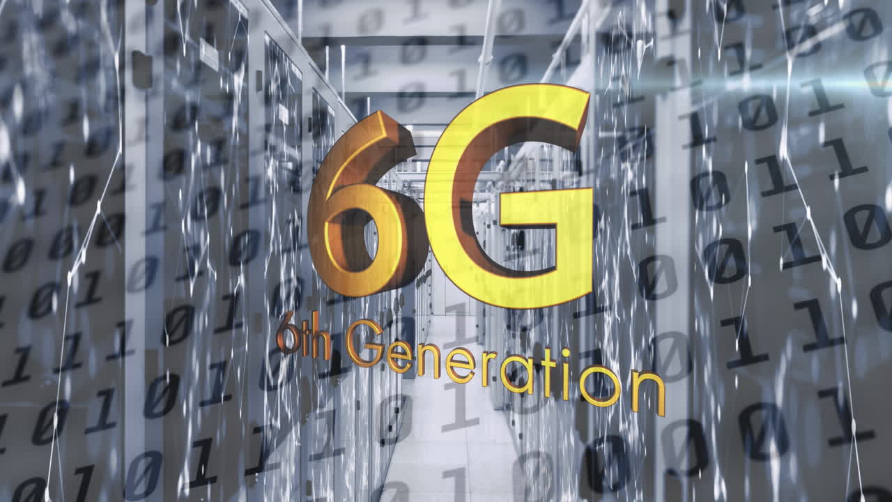 animación de texto de 6g sobre procesamiento de datos y sala de servidores