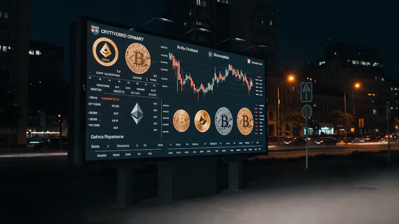 Illuminated Cryptocurrency Display at Night with Real-time Market Data and Iconic Digital Coins Amid Cityscape Ambiance