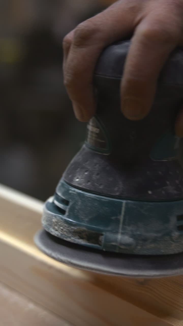 Operaio leviga a mano una superficie di legno con levigatrice orbitale, presa salda, polvere che si solleva, finitura liscia che emerge.