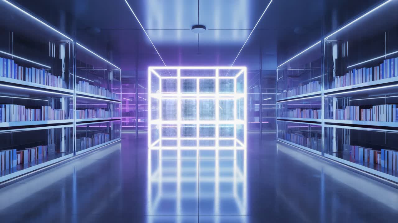 Abstract Neon Cube in a Modern Library