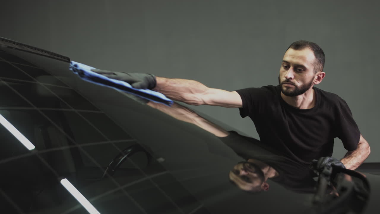 Man Cleaning Car Windshield