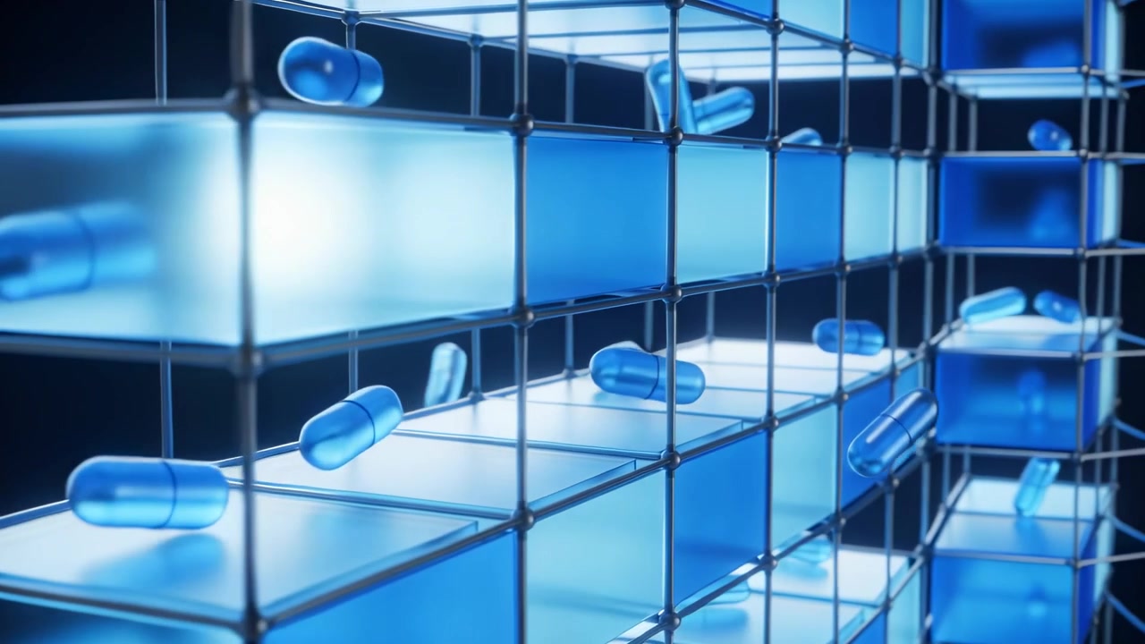 Nudged, translucent capsules tumbling through modular cubical grid at studio set, blue backlighting
