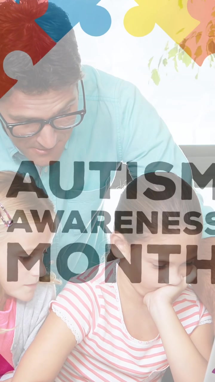 Animazione di puzzle colorati e mese di sensibilizzazione sull'autismo su un uomo caucasico e bambini di diverse etnie.