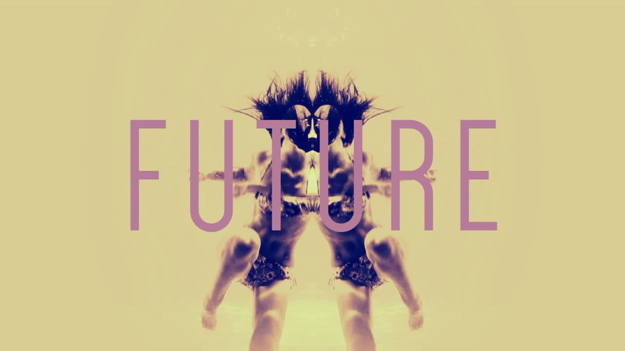 Woman in bikini diving into pool with future text