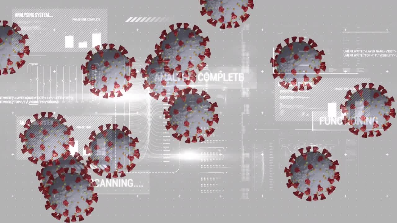 animación de las células de covid 19 sobre estadísticas y procesamiento de datos