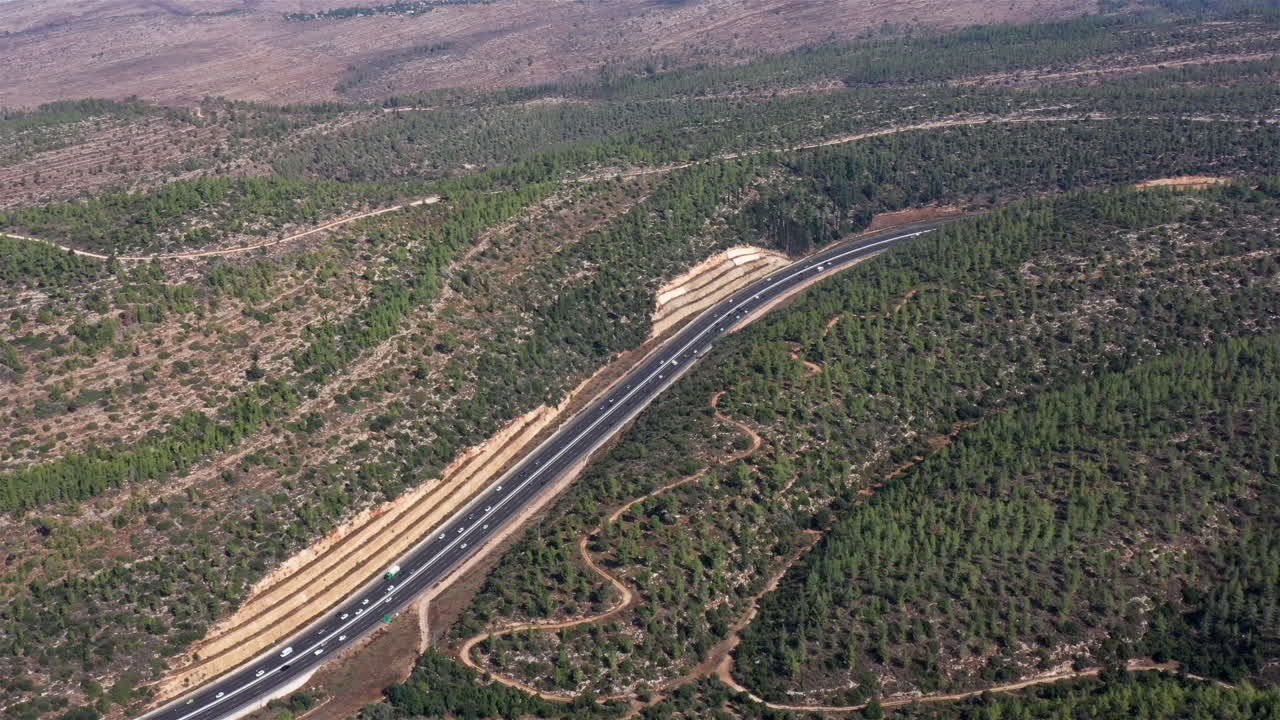 Drone view over routh 1 conecting Tel aviv and Jerusalem, Israel