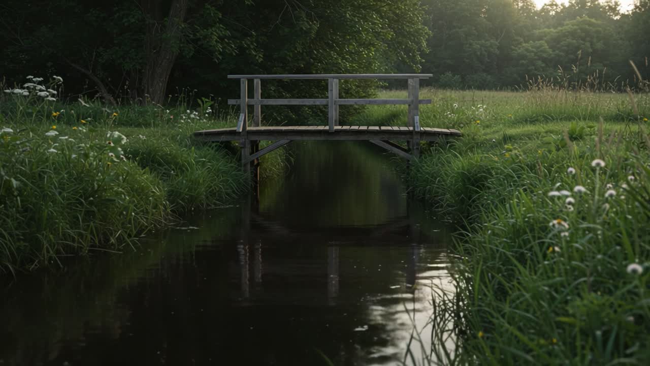 Serene Bridge Overstill Water: A Tranquil Scene of Nature's Peaceful Reflection in the Evening Light, Surrounded by Lush Greenery and Beautiful Wildflowers