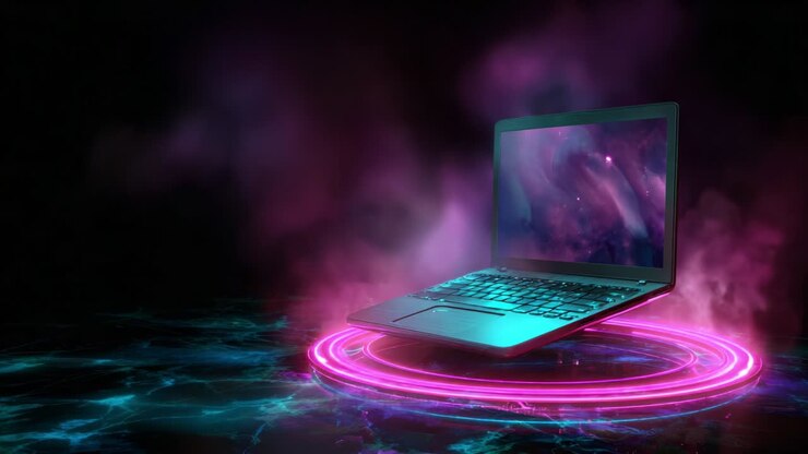 Un portatile futuristico che fluttua in un'atmosfera eterea, circondato da energia vibrante e colori vorticosi, che mostra un effetto simile a un portale suggerendo tecnologia avanzata e immaginazione