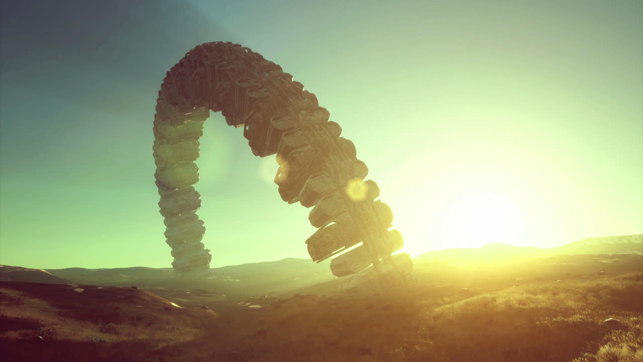 Mysterious alien ship hovers over desert landscape at sunrise