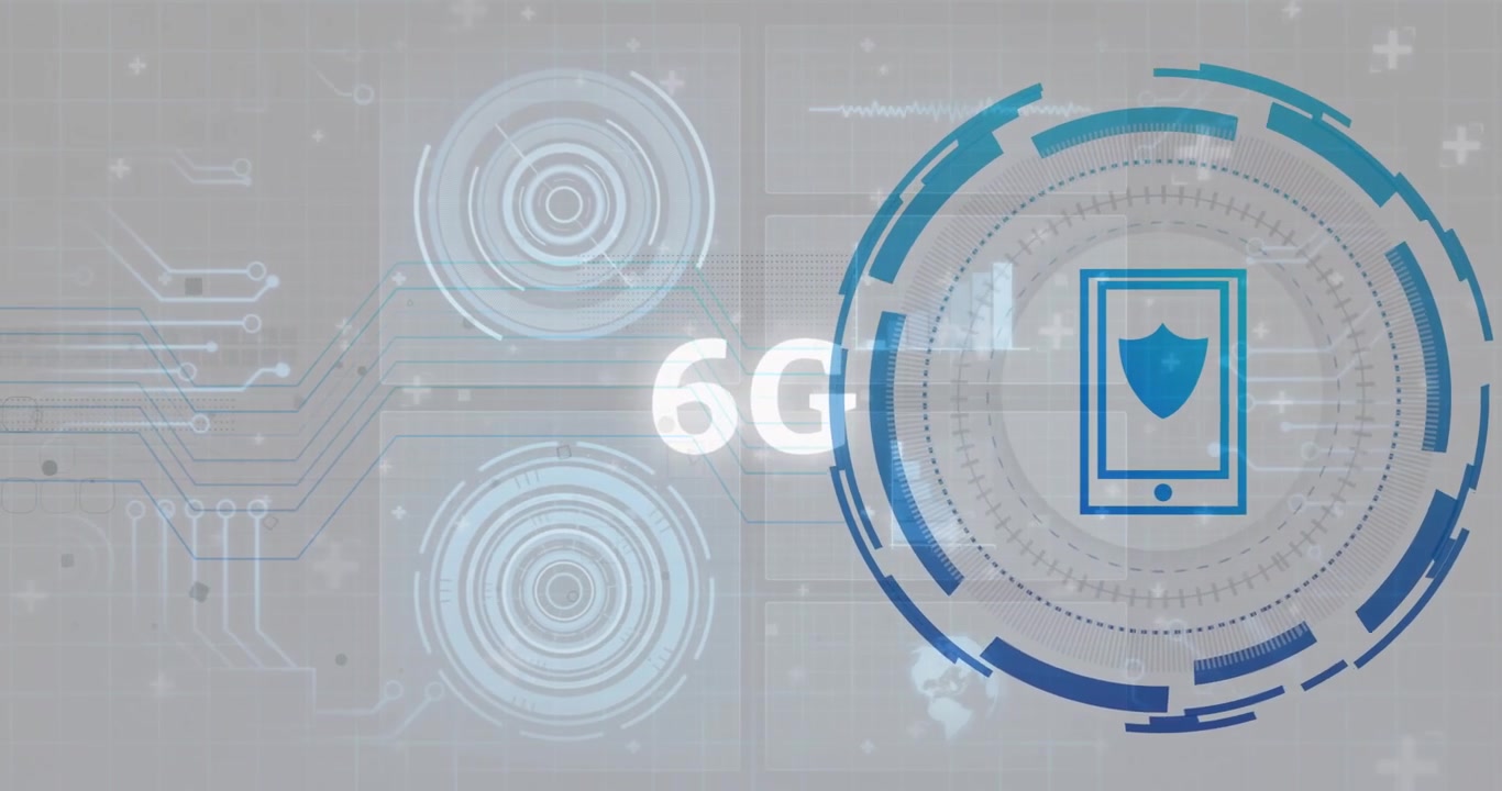 6G technology and cybersecurity animation with digital interface, circuits, and icons