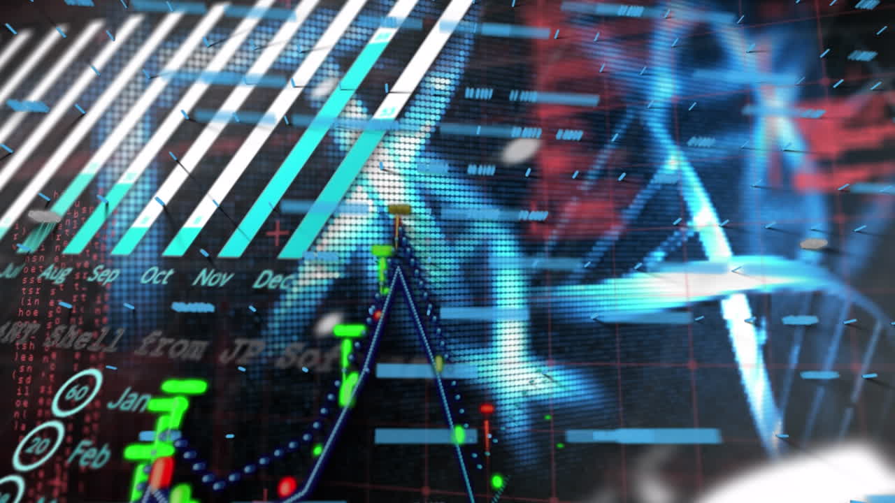Animation of financial graphs, data and dna on black background