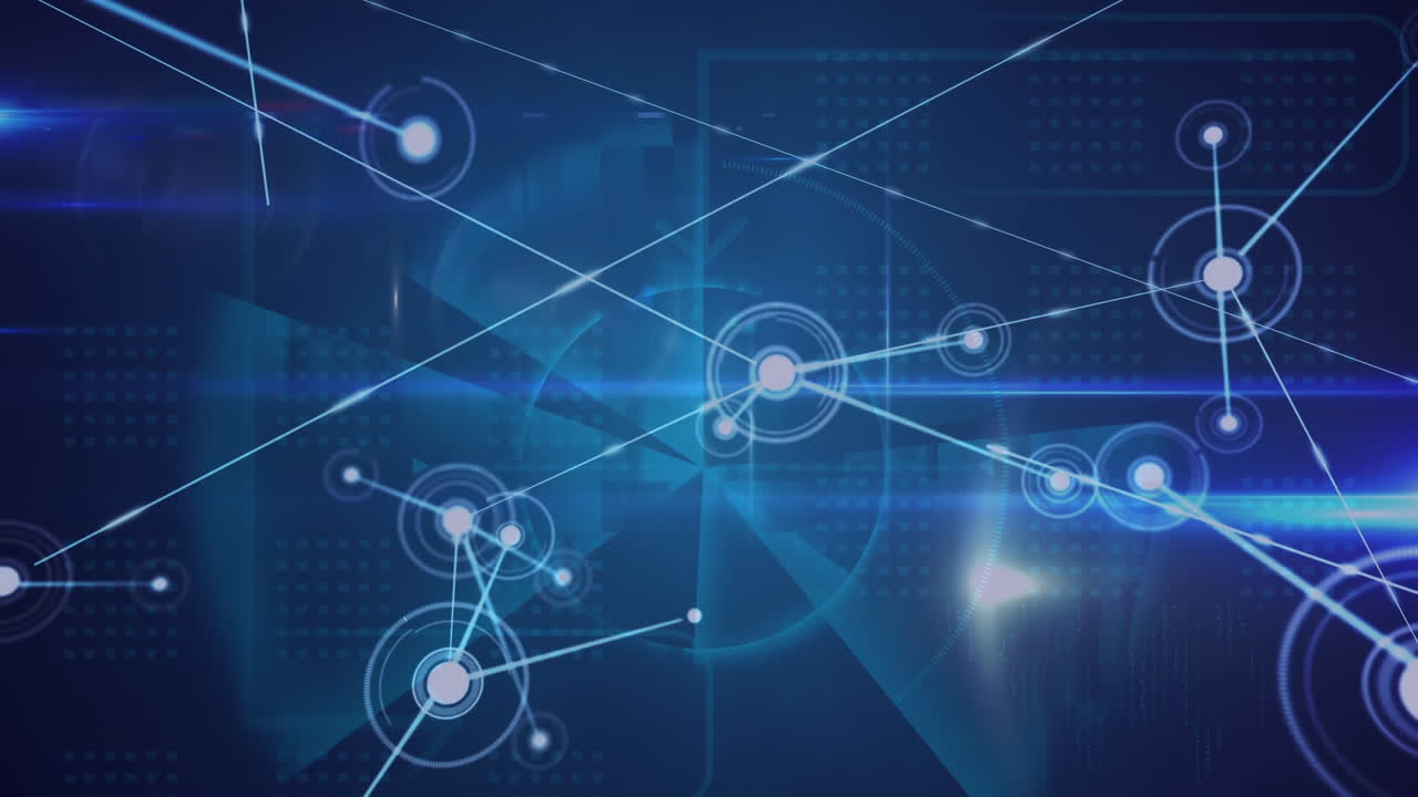 Network of connections against round scanner and light trails on blue background