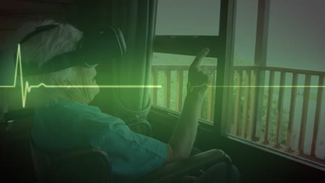 animación de un monitor de frecuencia cardíaca verde brillante, sobre una mujer mayor en silla de ruedas usando auriculares vr