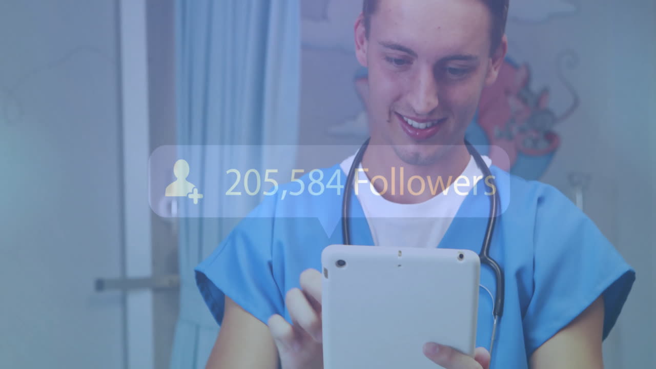animación de seguidores creciente número de médicos caucásicos que usan tabletas