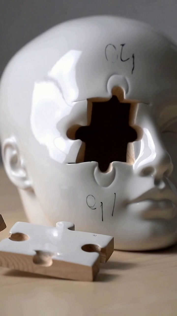 Vertical video: Moving cam centering ceramic head cutout on wood desk, showing C1 two pieces