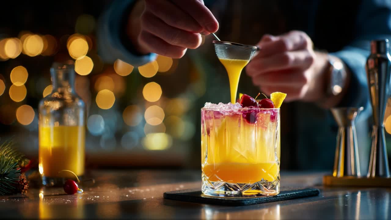 Crafting a Refreshing Cocktail with a Splash of Citrus and a Garnish of Fresh Berries, Showcasing the Artistry of Mixology in a Beautifully Styled Bar Setting