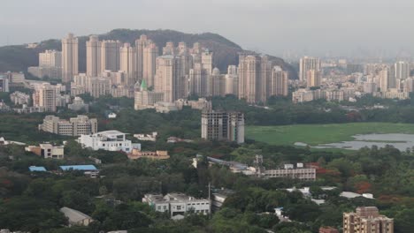 aerial view of a city with skyscrapers and greenery