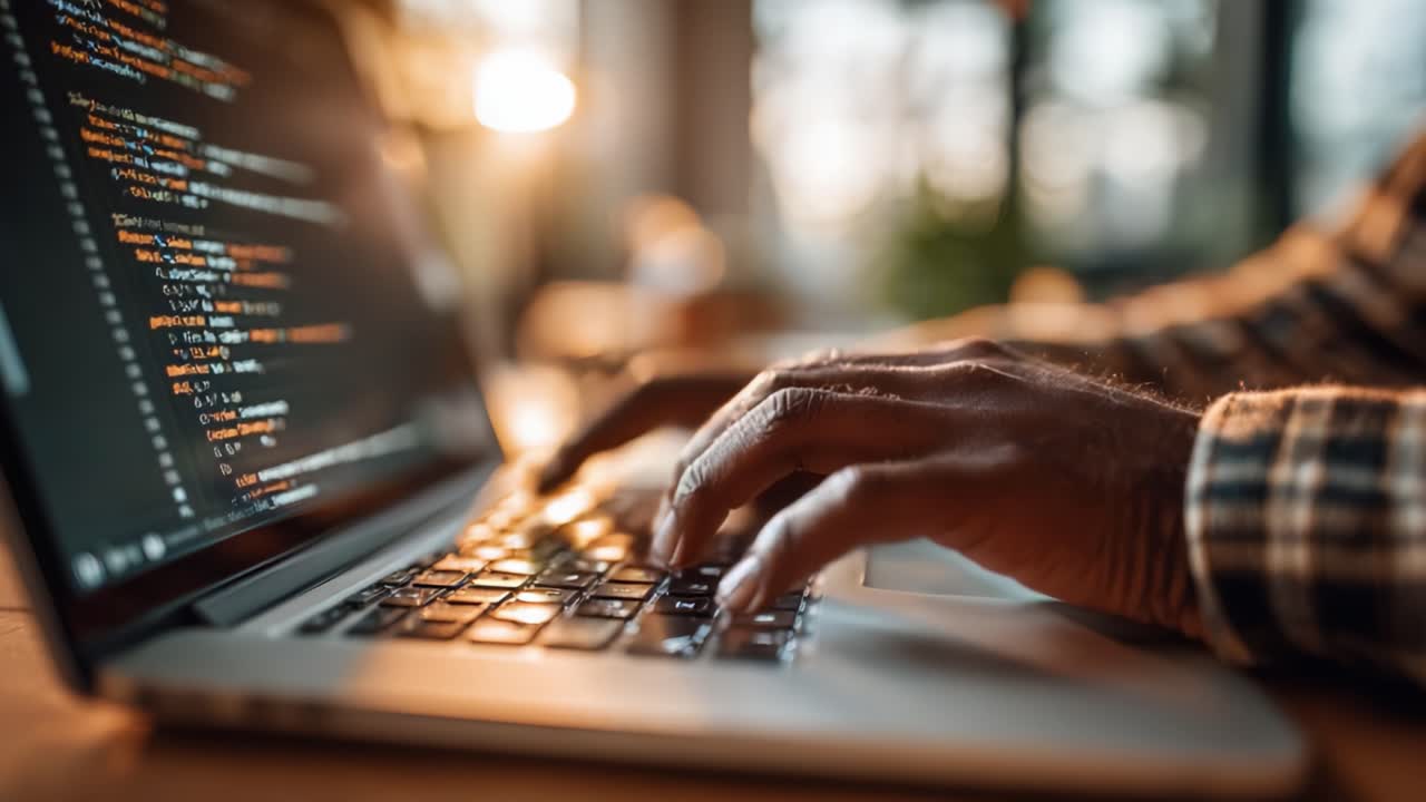 Focused Individual Coding on a Laptop During Sunset with Illuminated Screen Showing Lines of Code and a Warm Background Ambiance